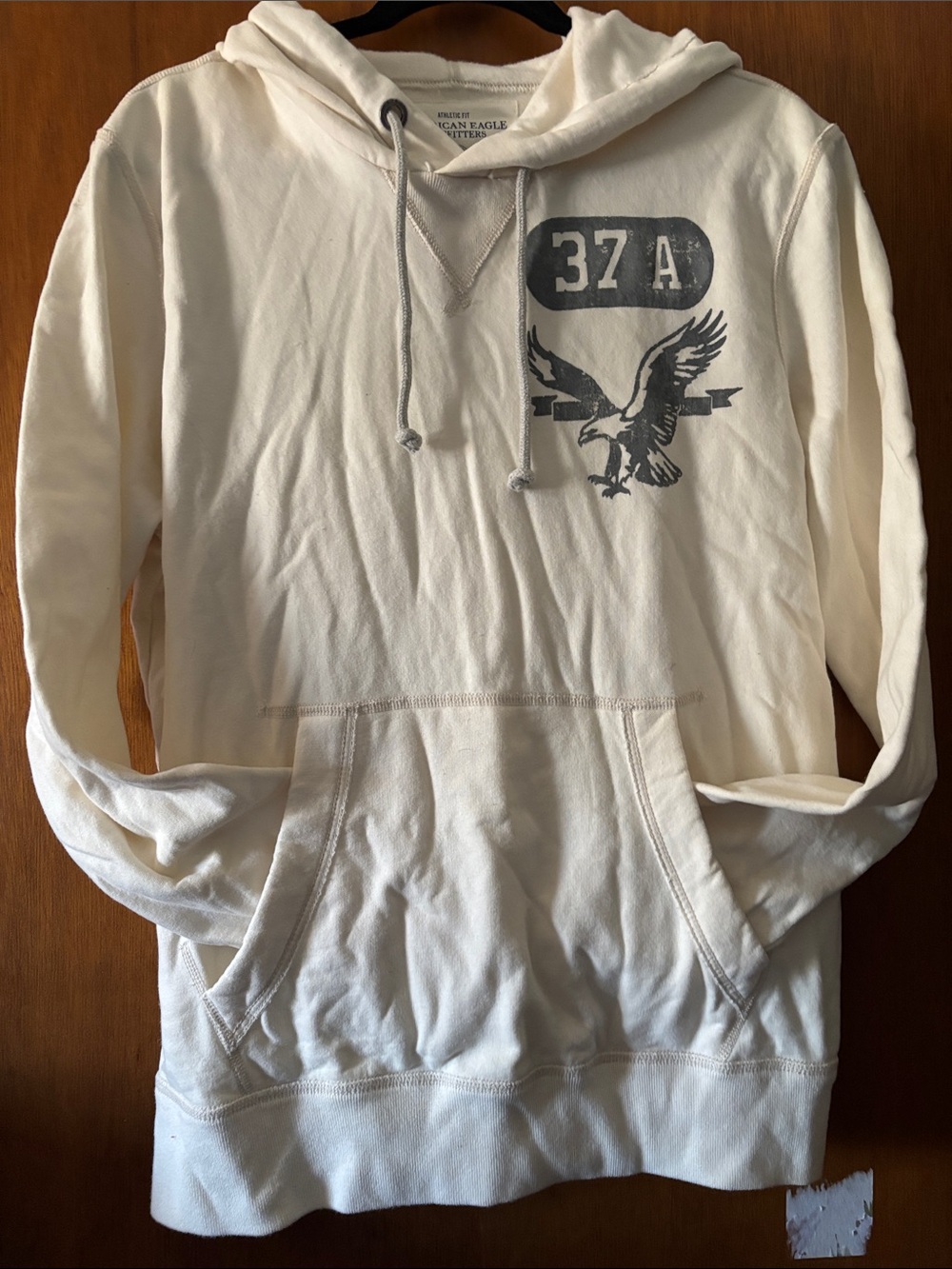 American Eagle Outfitters y2k Cream Pullover Hoodie with Drawstring large logo